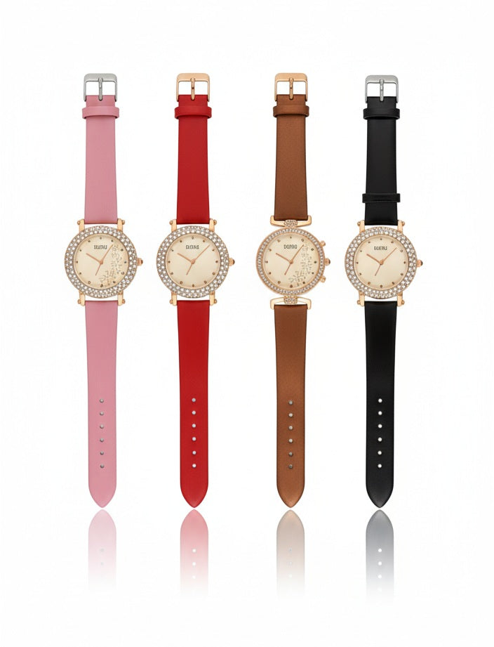 Crystal Leather Strap Watch – Elegant Women’s Timepiece