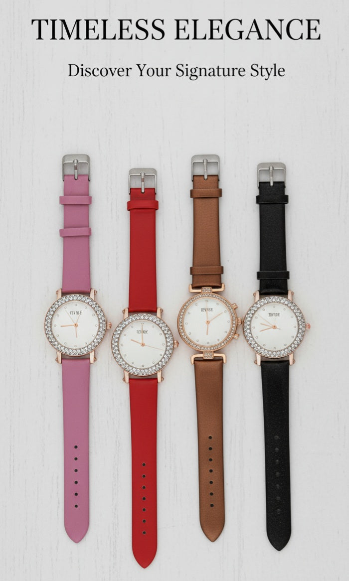 Crystal Leather Strap Watch – Elegant Women’s Timepiece