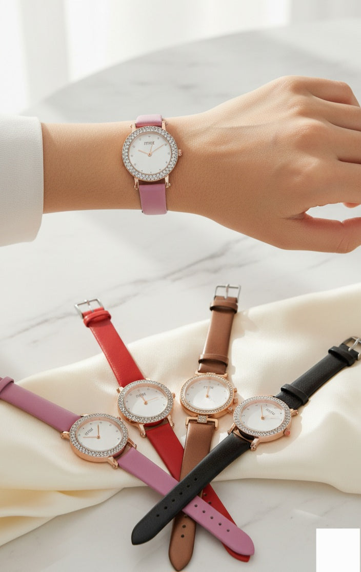 Crystal Leather Strap Watch – Elegant Women’s Timepiece
