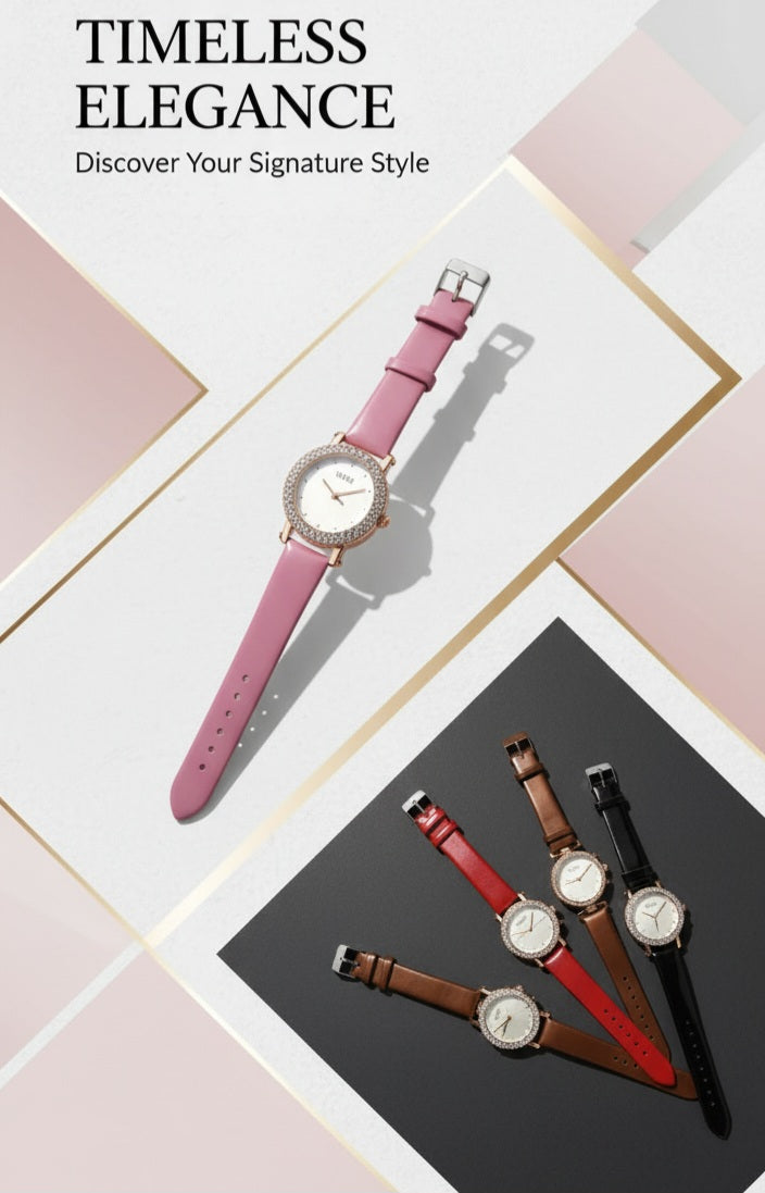 Crystal Leather Strap Watch – Elegant Women’s Timepiece