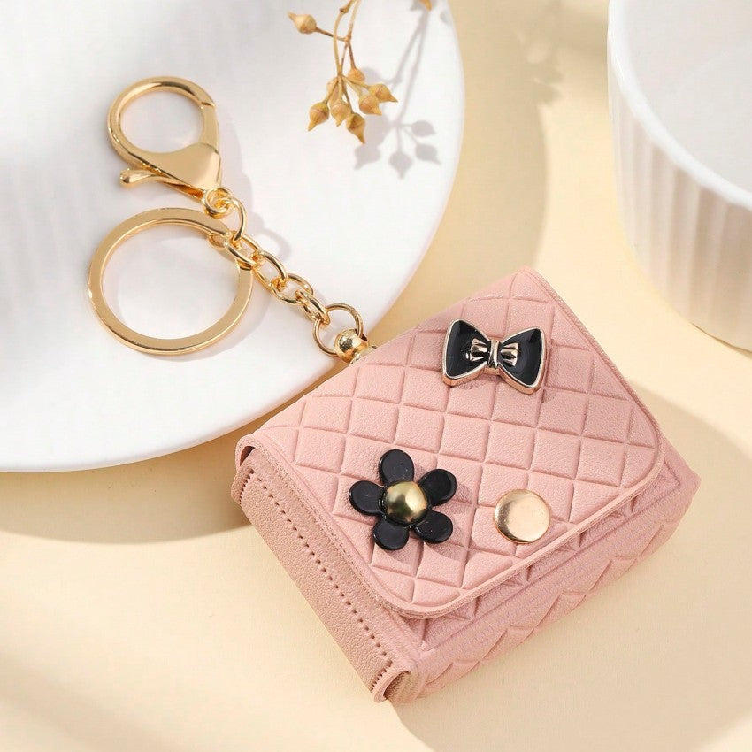 Quilted Mini Keychain Bag Charm with Bow & Flower