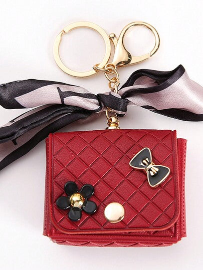 Quilted Mini Keychain Bag Charm with Bow & Flower