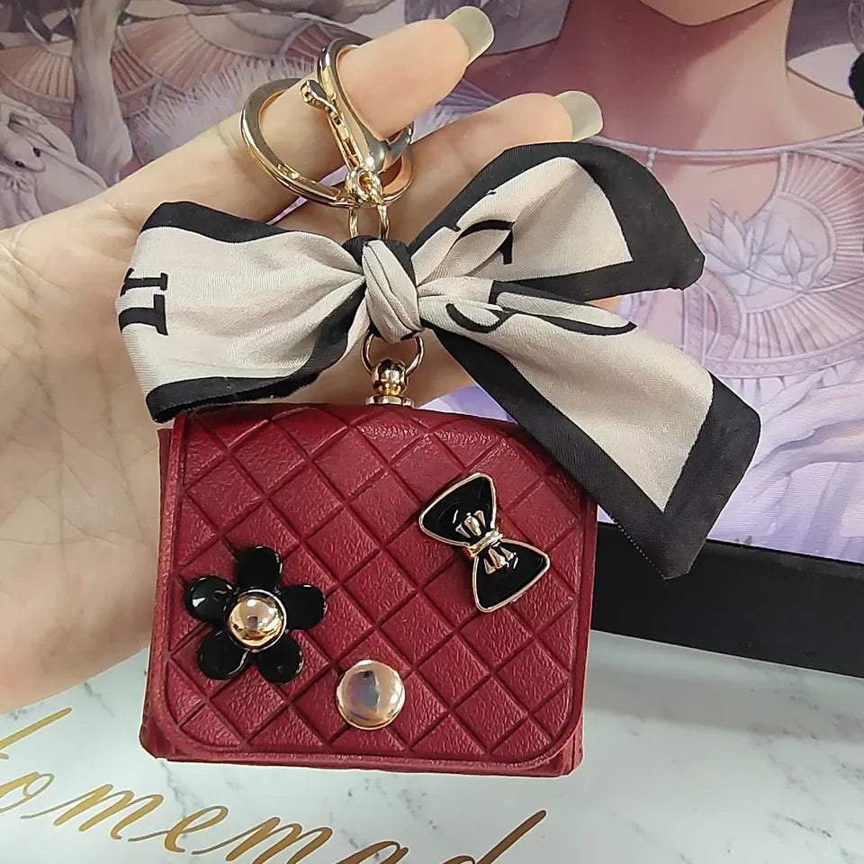 Quilted Mini Keychain Bag Charm with Bow & Flower