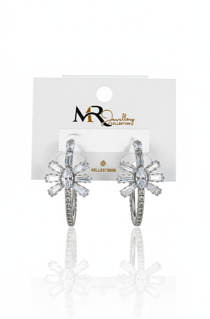 Radiant Starburst Crystal Hoop Earrings — Silver Pavé