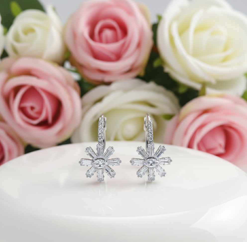 Radiant Starburst Crystal Hoop Earrings — Silver Pavé