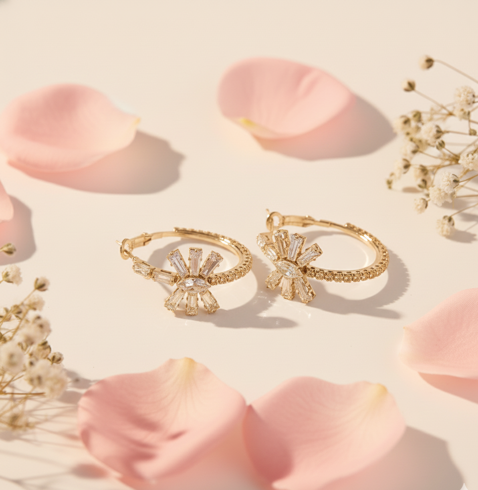 Radiant Starburst Crystal Hoop Earrings — Silver Pavé