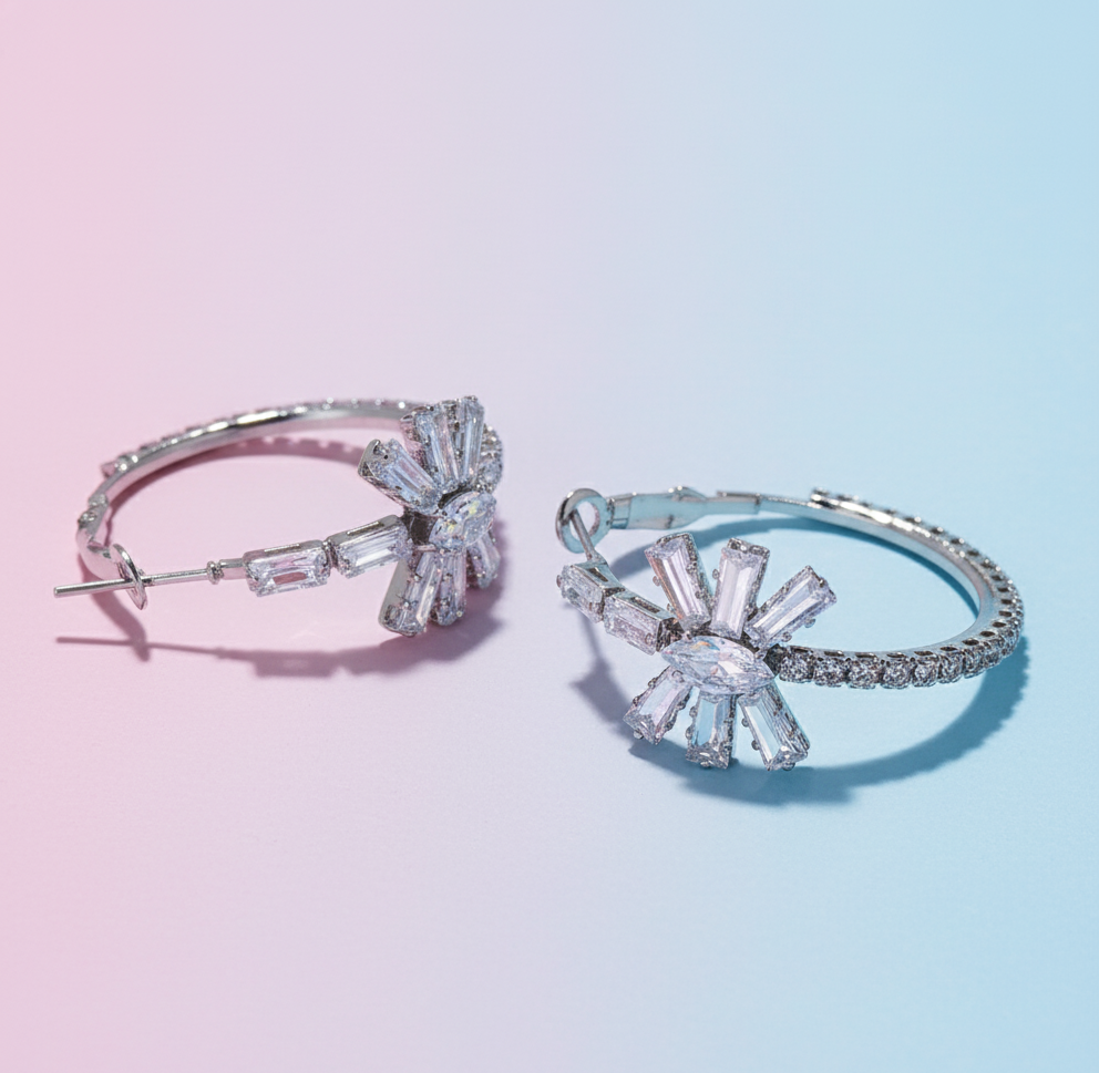 Radiant Starburst Crystal Hoop Earrings — Silver Pavé