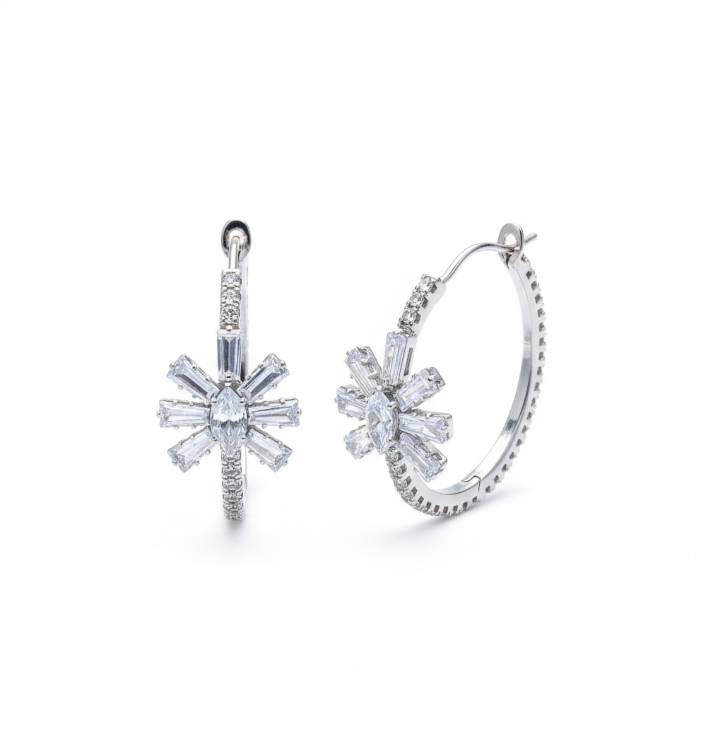 Radiant Starburst Crystal Hoop Earrings — Silver Pavé