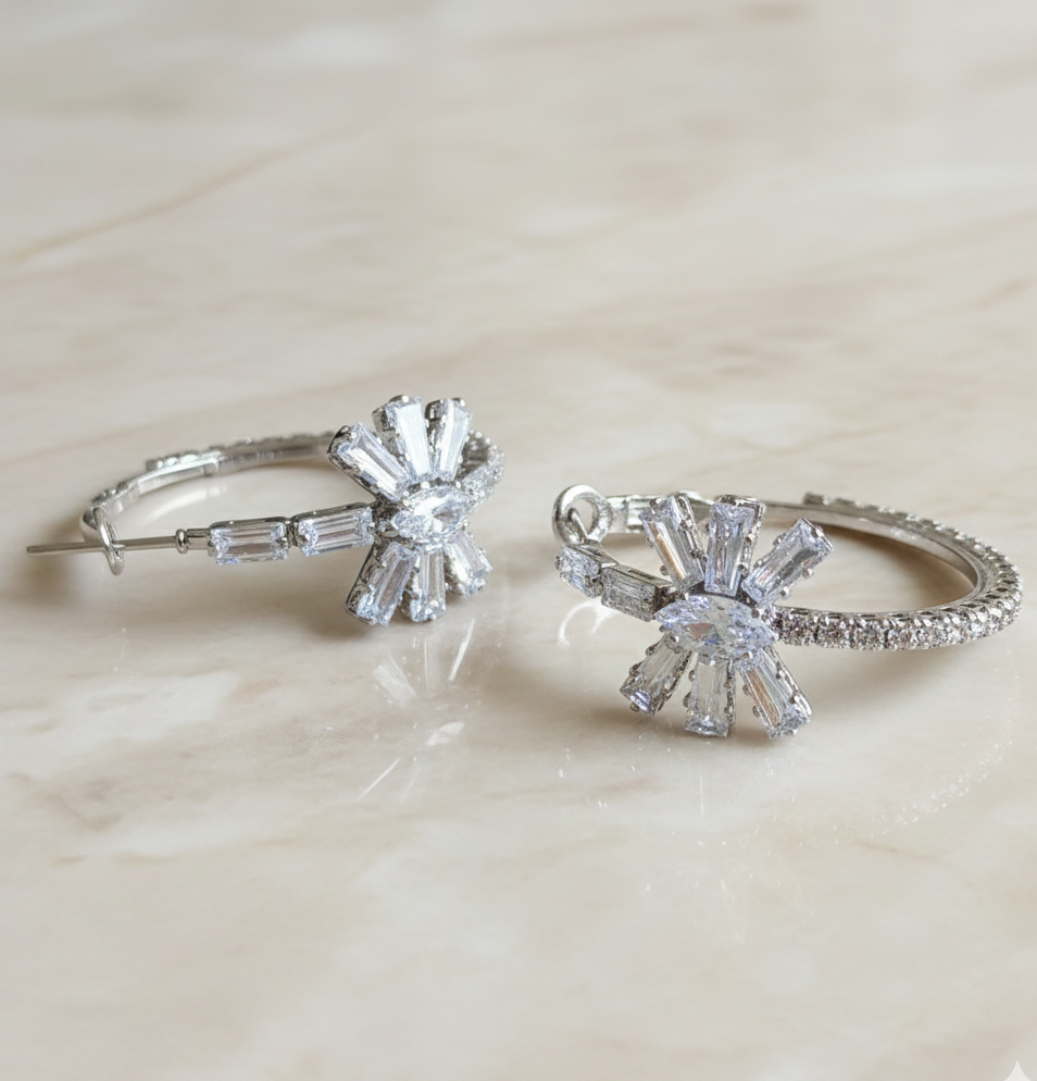Radiant Starburst Crystal Hoop Earrings — Silver Pavé