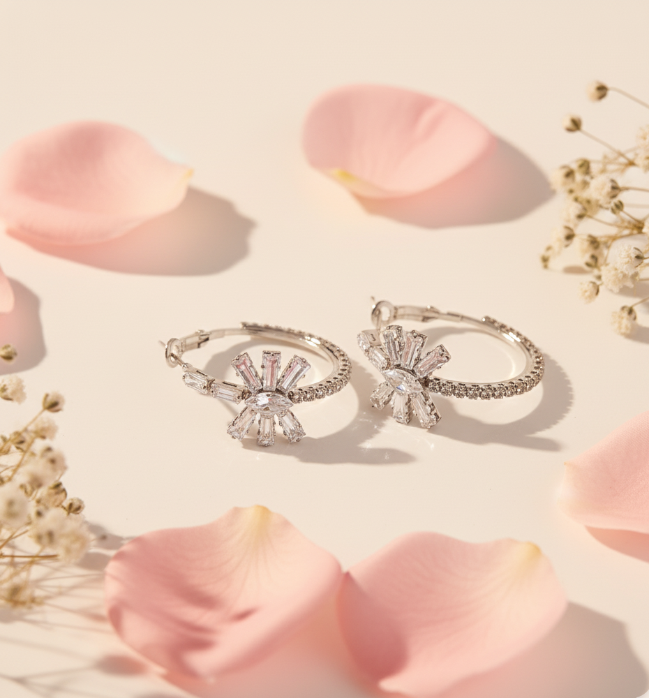 Radiant Starburst Crystal Hoop Earrings — Silver Pavé