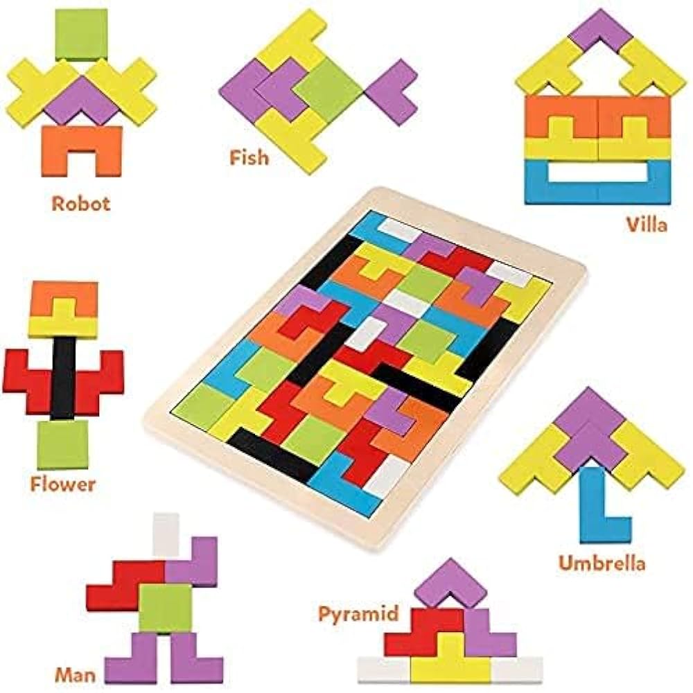 Wooden Tetris Puzzle – Colorful Brain Teaser for Kids & Adults | Wood Intelligence Blocks Game