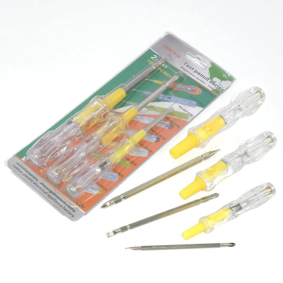 Set of 3 Electrical Test Pencils – AC Voltage Tester Screwdrivers (100V–500V) with Light Indicator