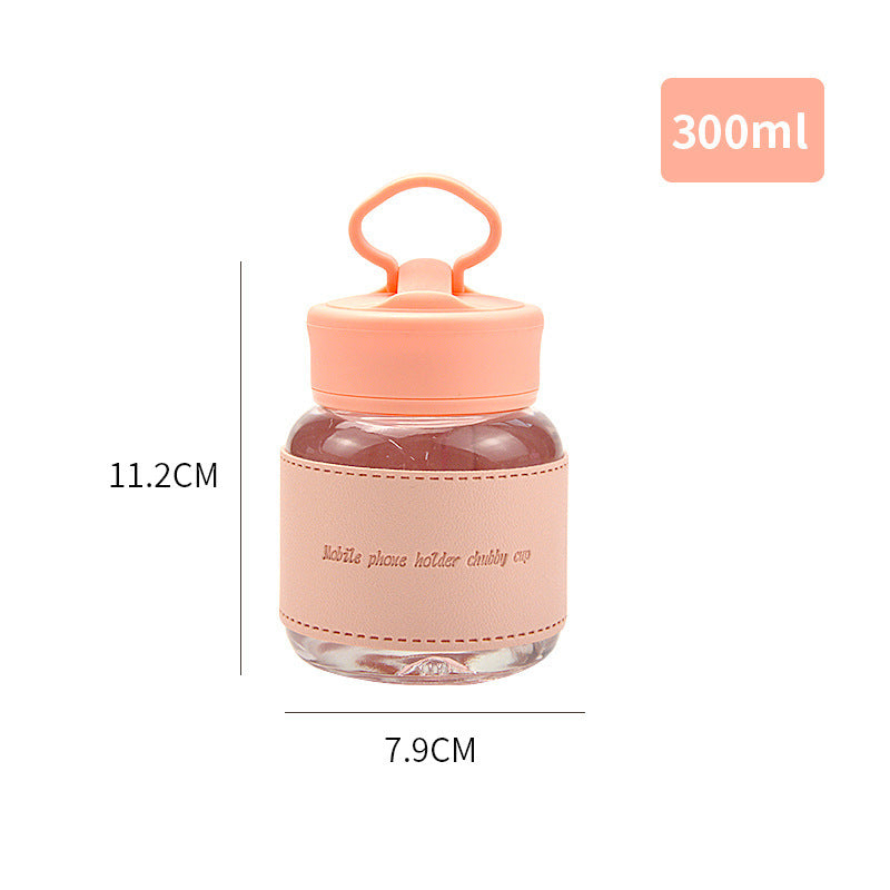 Mini Glass Water Bottle with Phone Holder Sleeve – Portable Leak-Proof 300ml Bottle | Heat-Resistant & Travel Friendly