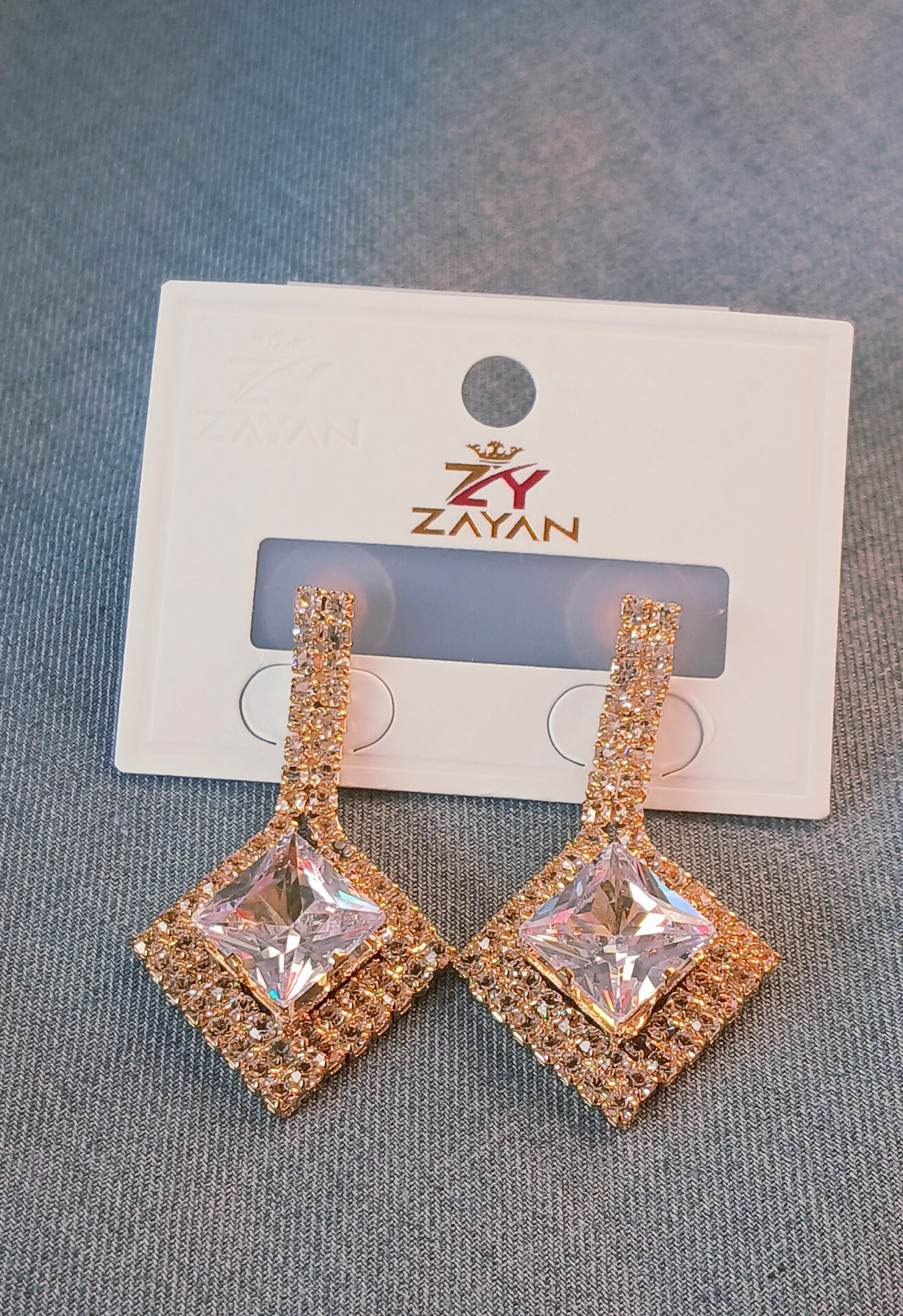 Zayan-Style Crystal Square Drop Earrings – Elegant Artificial Fashion Jewelry (Gold & Silver)
