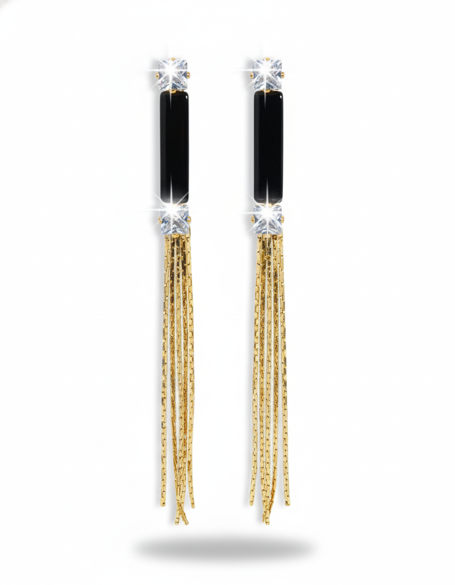 Elegant Black & Gold Tassel Drop Earrings