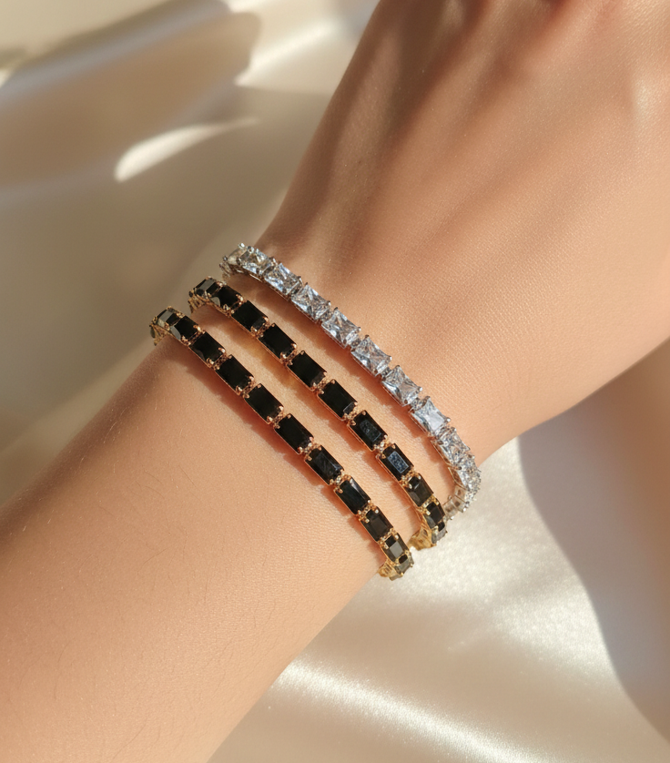 Elegant Baguette Crystal Tennis Bracelet — Black & Clear Stones | Silver & Gold Finishes