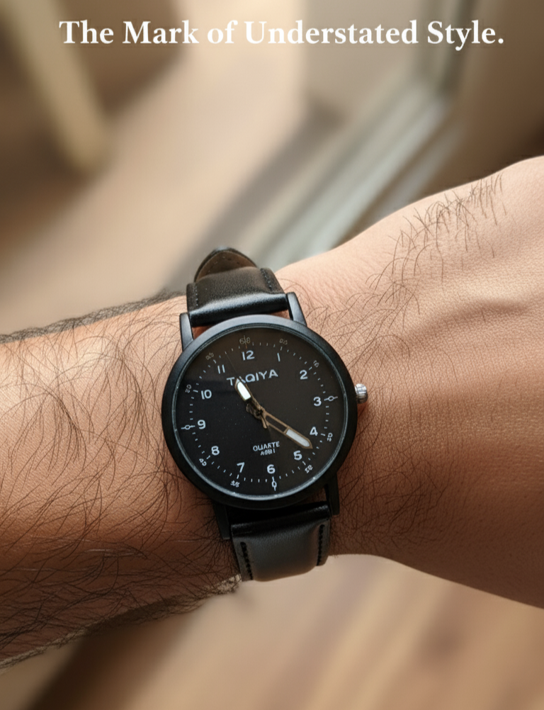 Taqiya Quartz Analog Watch – Minimalist Black Dial with Leather Strap