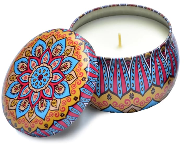 Scented Candle in Mandala Tin Jar – Aromatherapy Decorative Candle for Home & Gifting