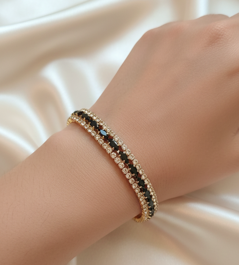 Elegant Black Crystal Tennis Bracelet – Double Row Rhinestone Chain for Women