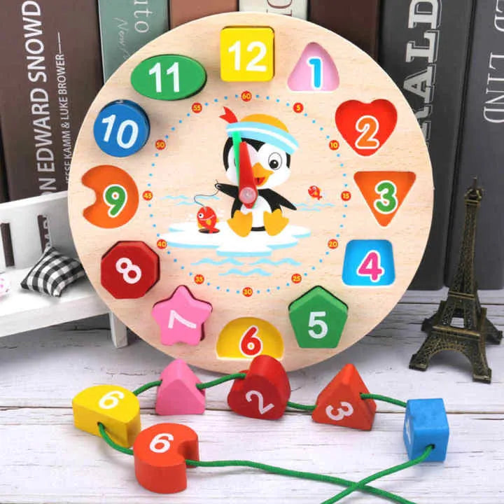 Wooden Learning Clock & Shape Sorter Toy – Educational Time Teaching Puzzle for Kids