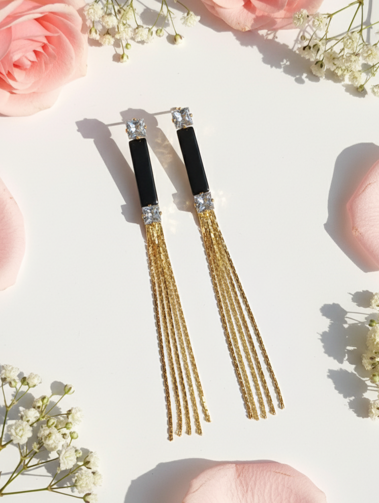 Elegant Black & Gold Tassel Drop Earrings