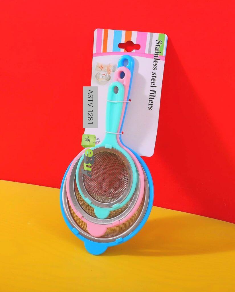 3-Piece Stainless Steel Mesh Strainer Set – Fine Tea Filters & Kitchen Sifters with Colorful Handles