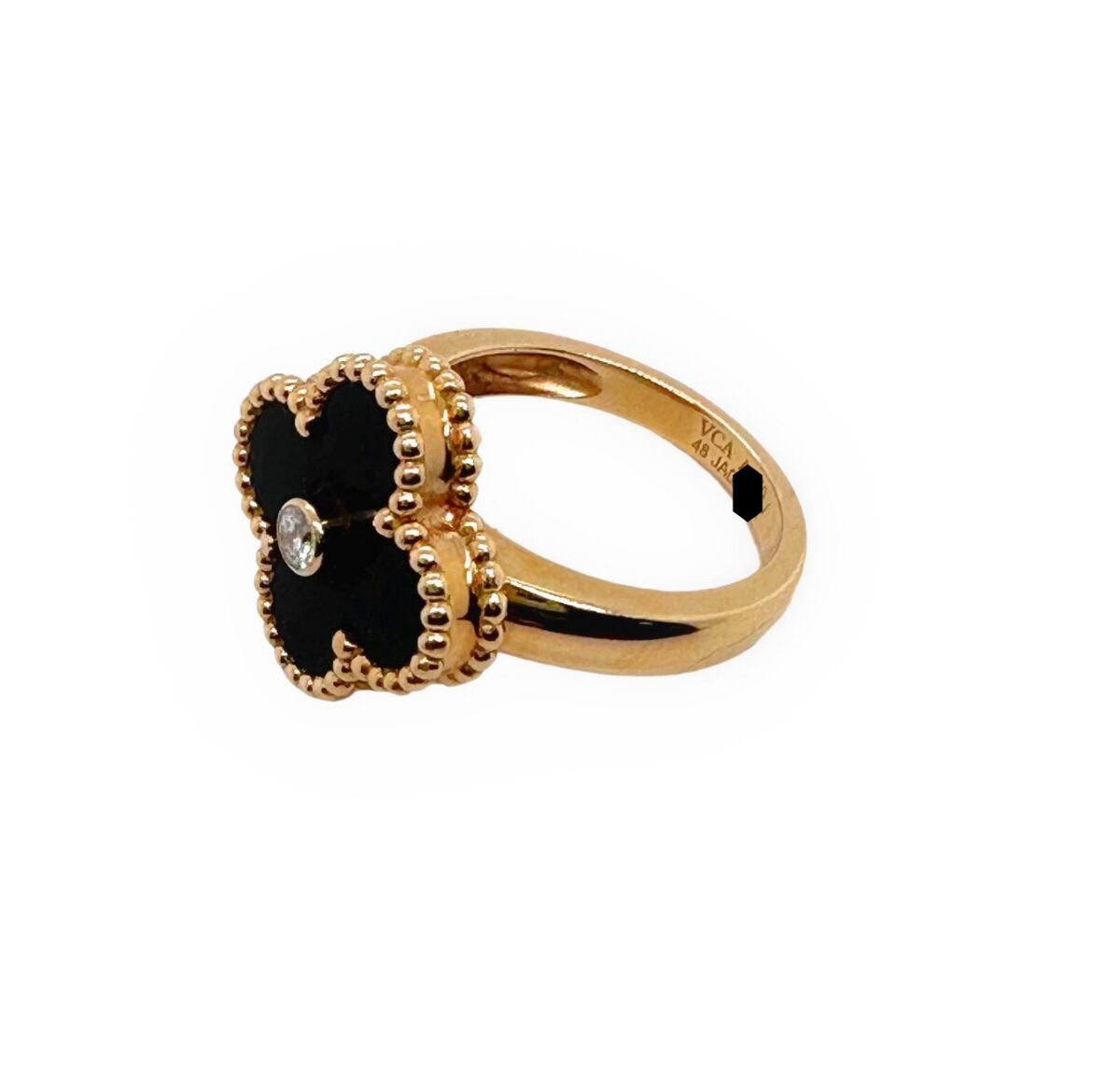 Elegant Clover Motif Ring with Onyx Center & Gold-Tone Beaded Design