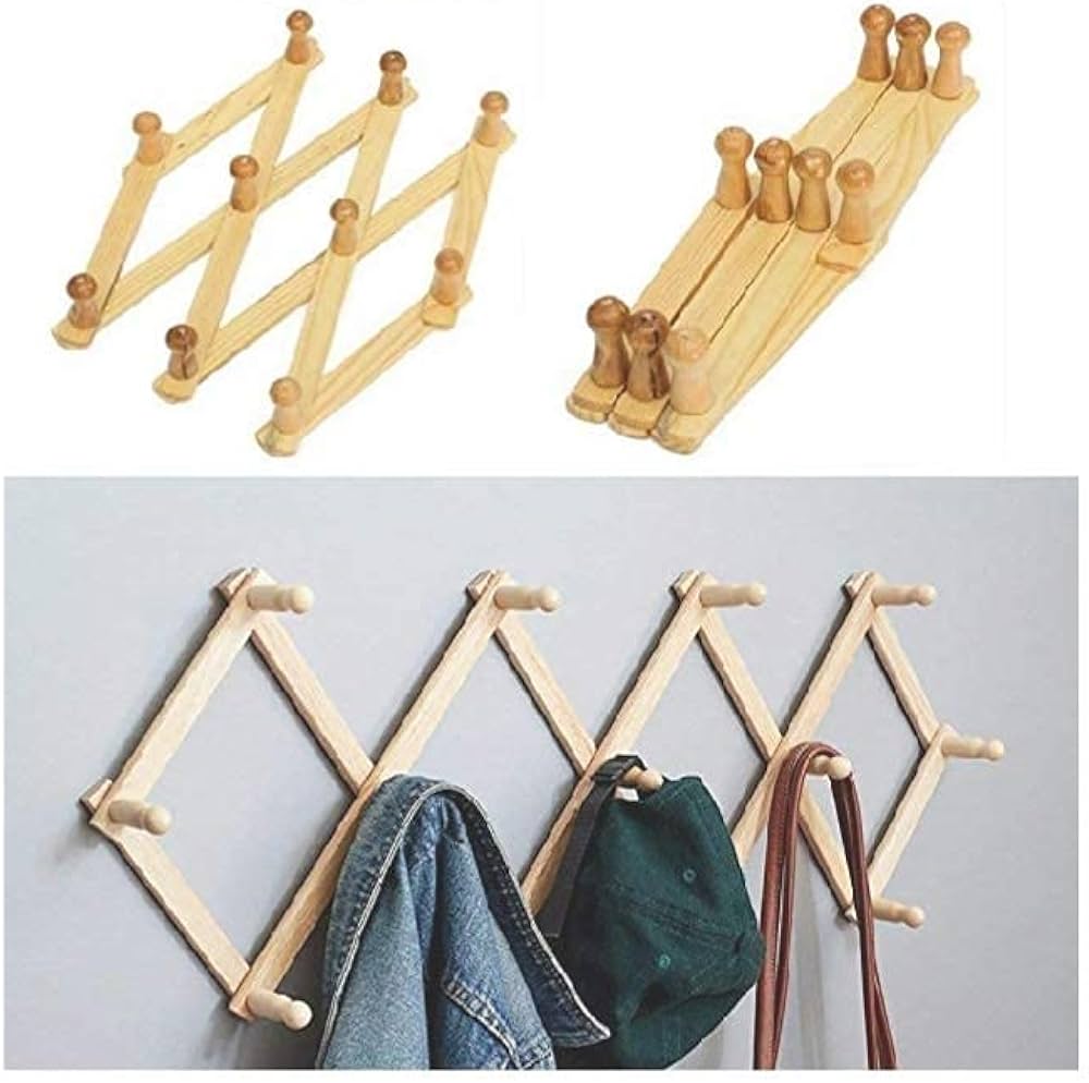 Adjustable Wooden Expandable Wall Hanger – Multi Hook Accordion Rack for Home & Office