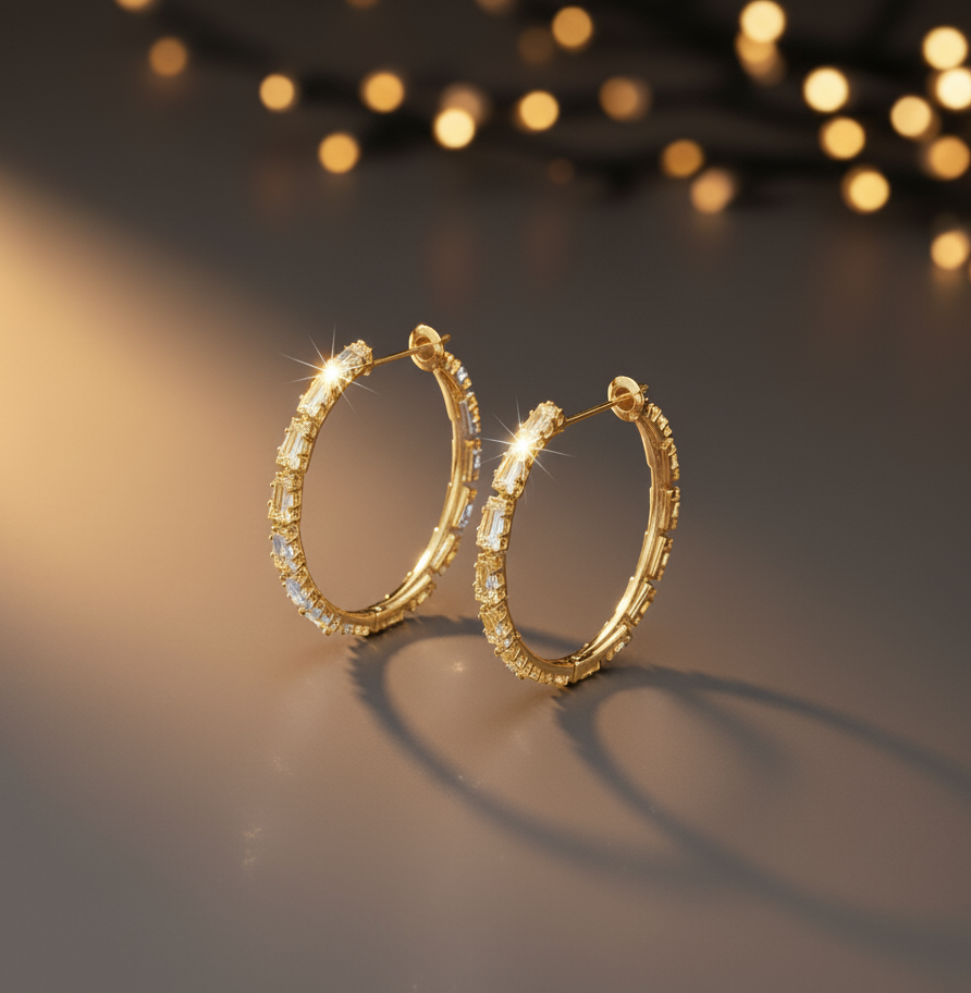 Crystal Baguette Pavé Hoop Earrings — Sparkling Silver Hoops