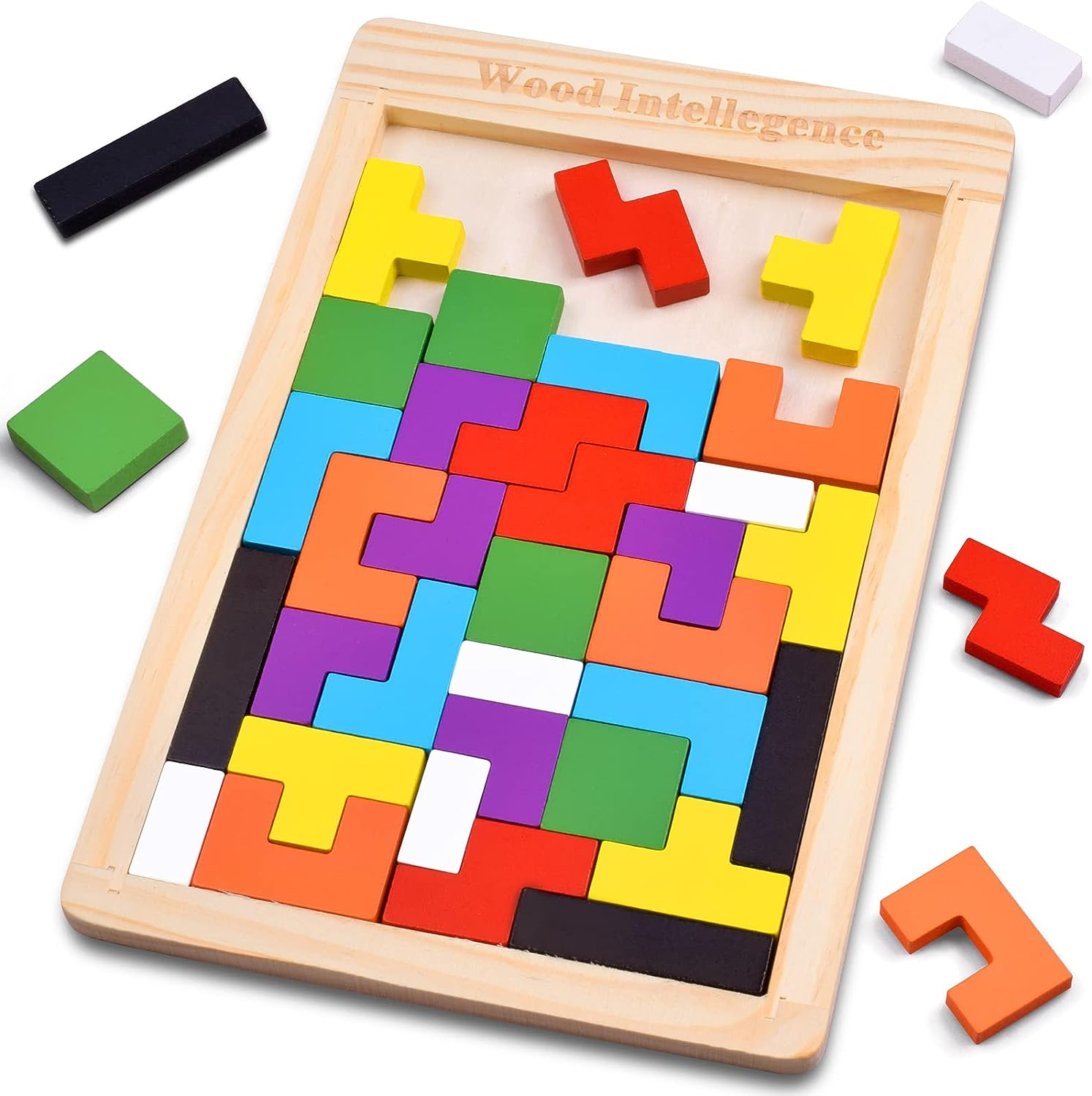 Wooden Tetris Puzzle – Colorful Brain Teaser for Kids & Adults | Wood Intelligence Blocks Game