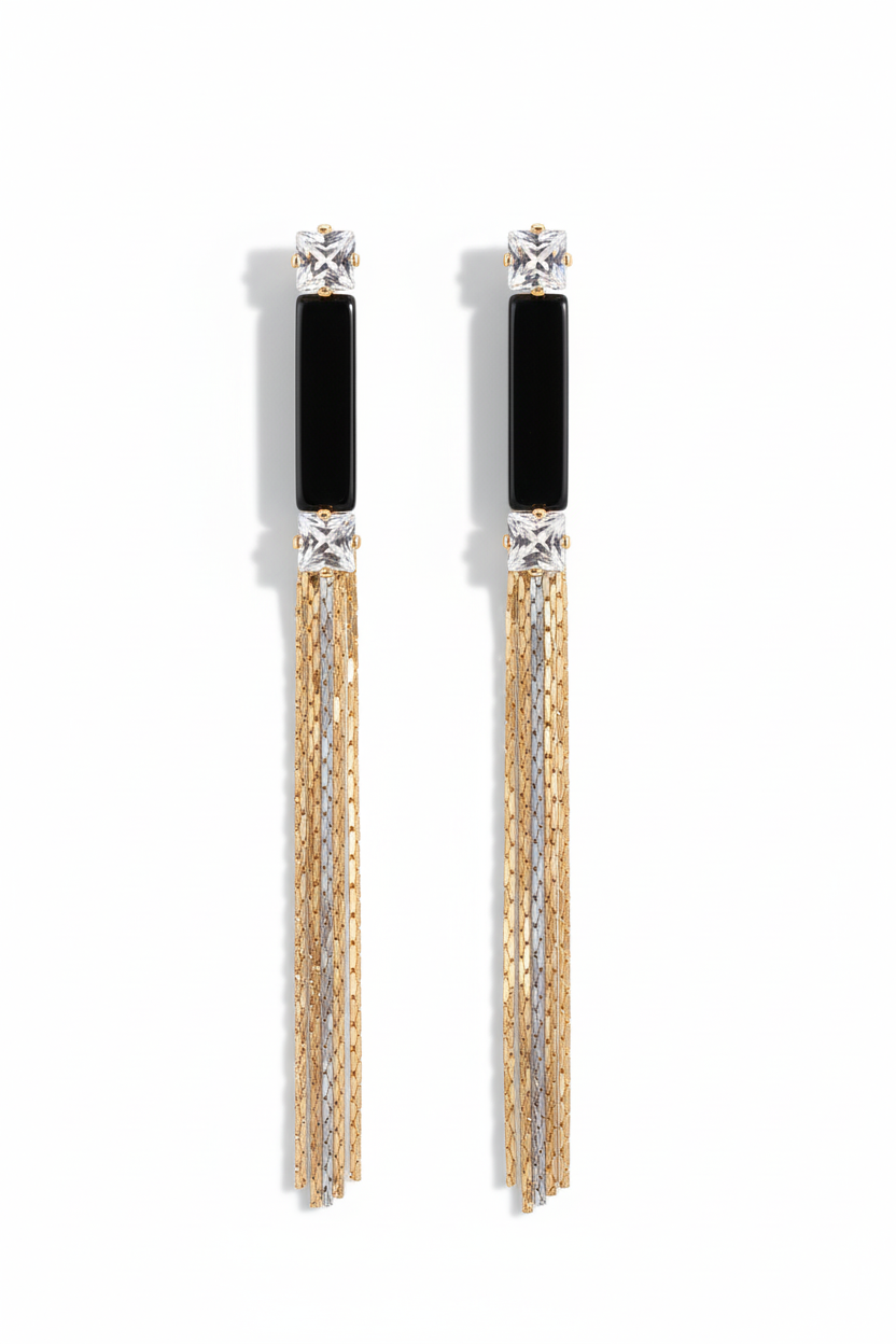 Elegant Black & Gold Tassel Drop Earrings