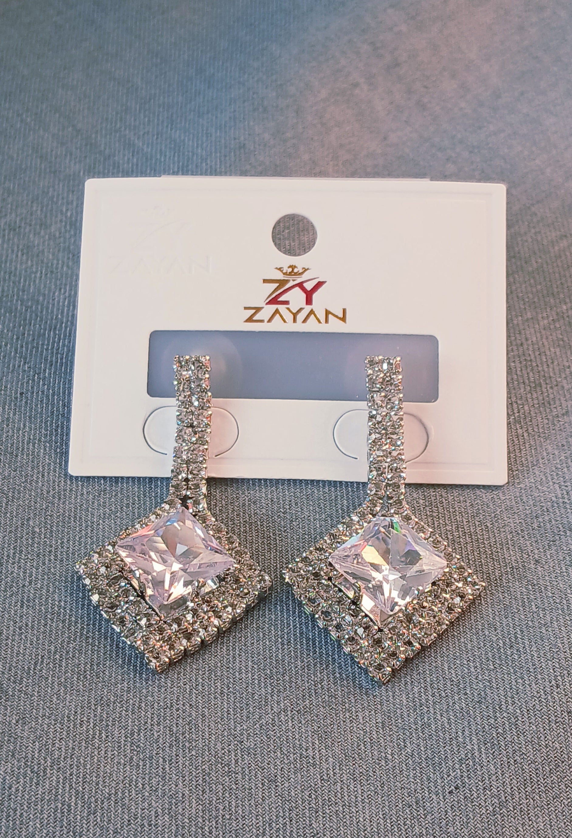 Zayan-Style Crystal Square Drop Earrings – Elegant Artificial Fashion Jewelry (Gold & Silver)