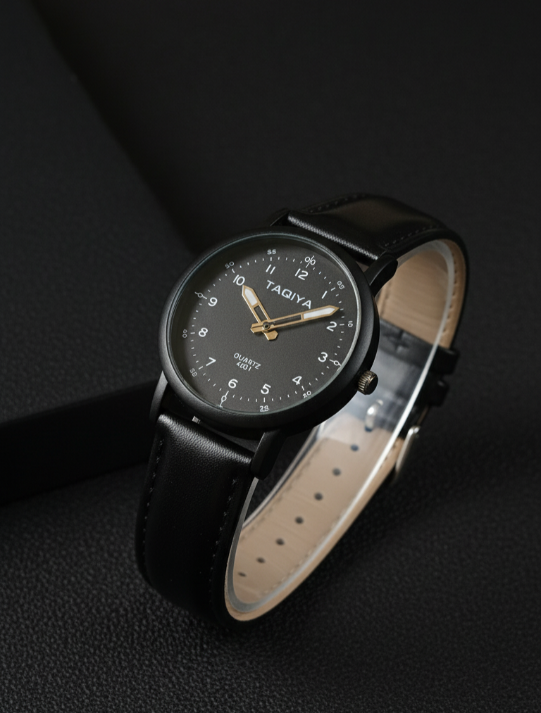 Taqiya Quartz Analog Watch – Minimalist Black Dial with Leather Strap