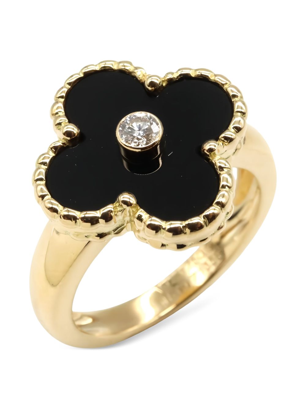 Elegant Clover Motif Ring with Onyx Center & Gold-Tone Beaded Design