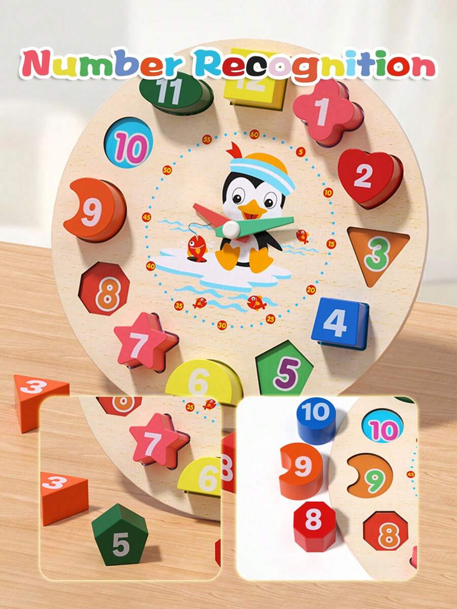 Wooden Learning Clock & Shape Sorter Toy – Educational Time Teaching Puzzle for Kids