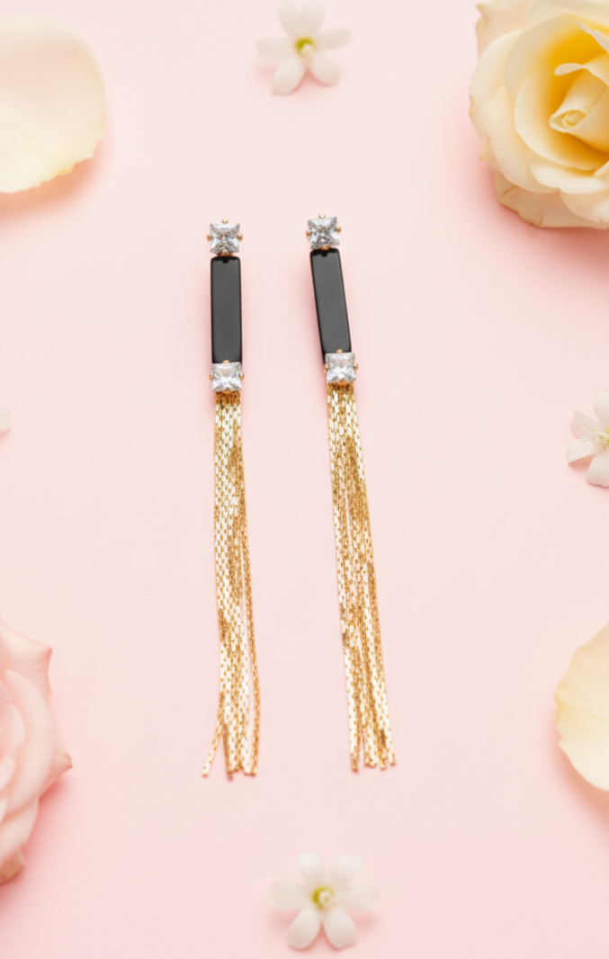 Elegant Black & Gold Tassel Drop Earrings