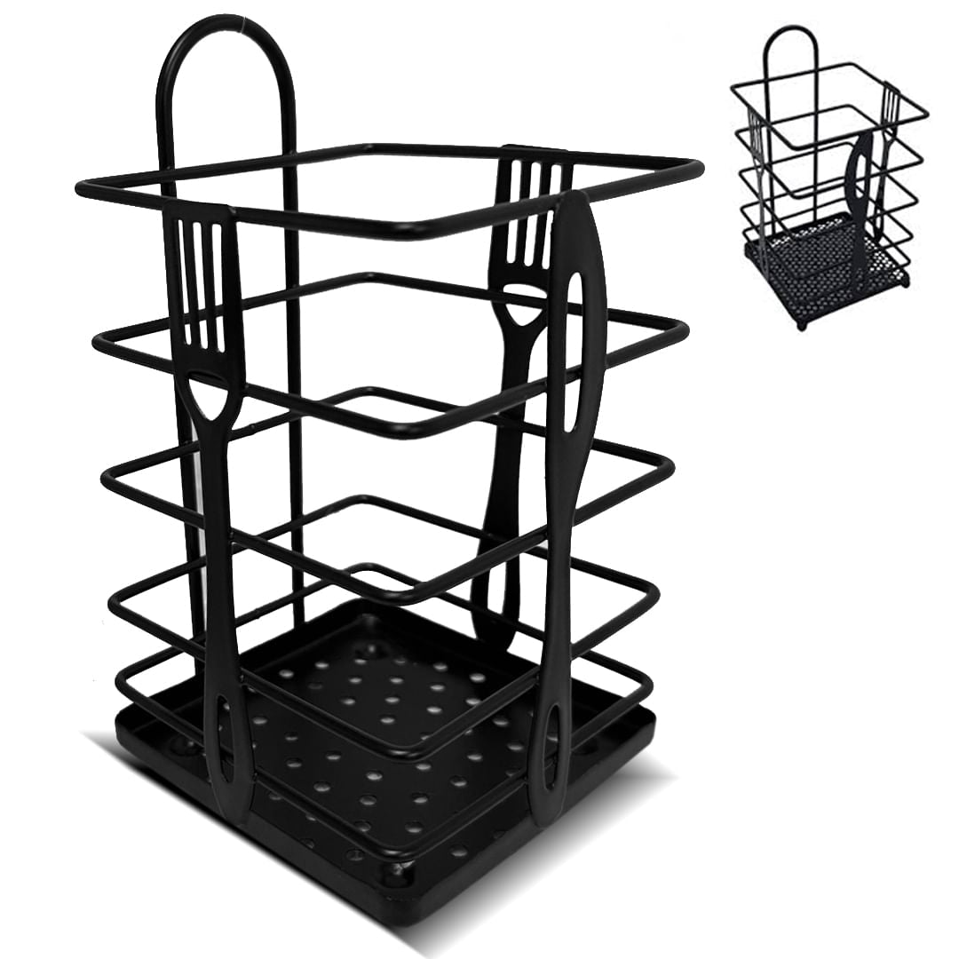 Black Metal Utensil Holder | Cutlery Drainer with Perforated Base & Handle