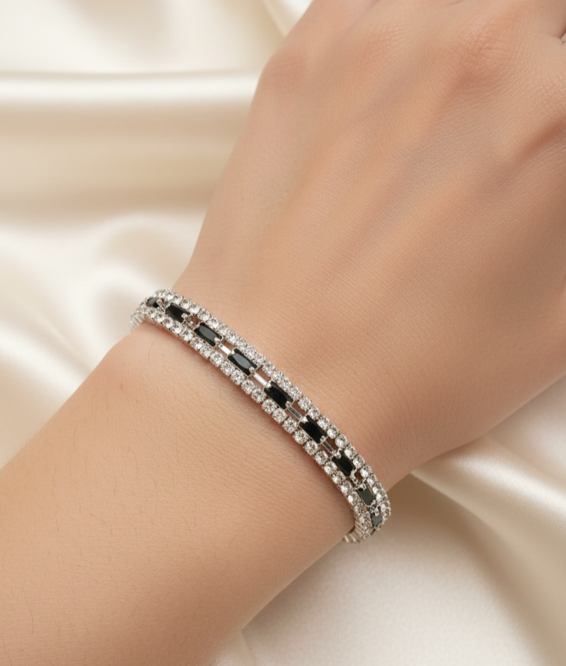 Elegant Black Crystal Tennis Bracelet – Double Row Rhinestone Chain for Women