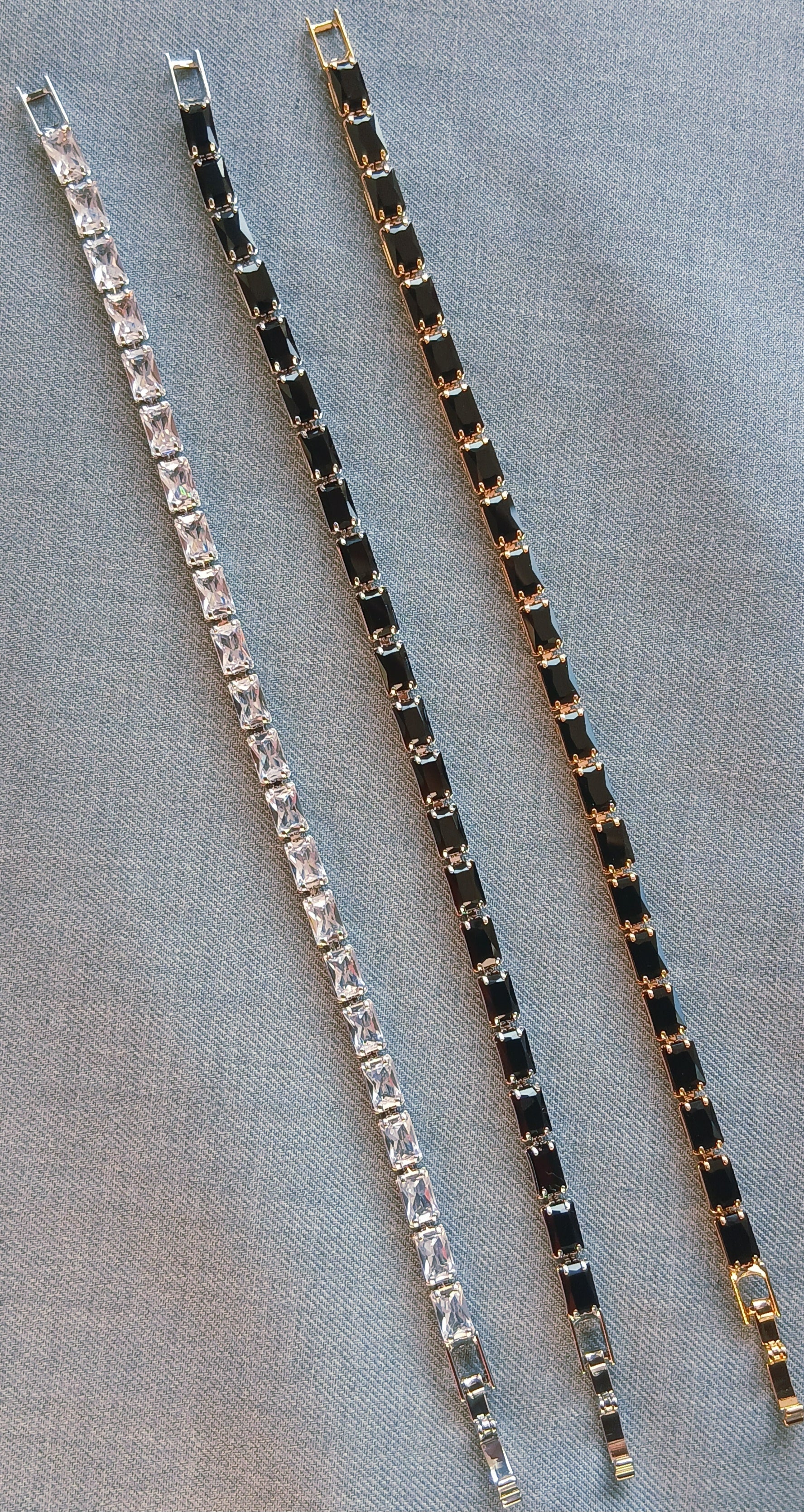 Elegant Baguette Crystal Tennis Bracelet — Black & Clear Stones | Silver & Gold Finishes
