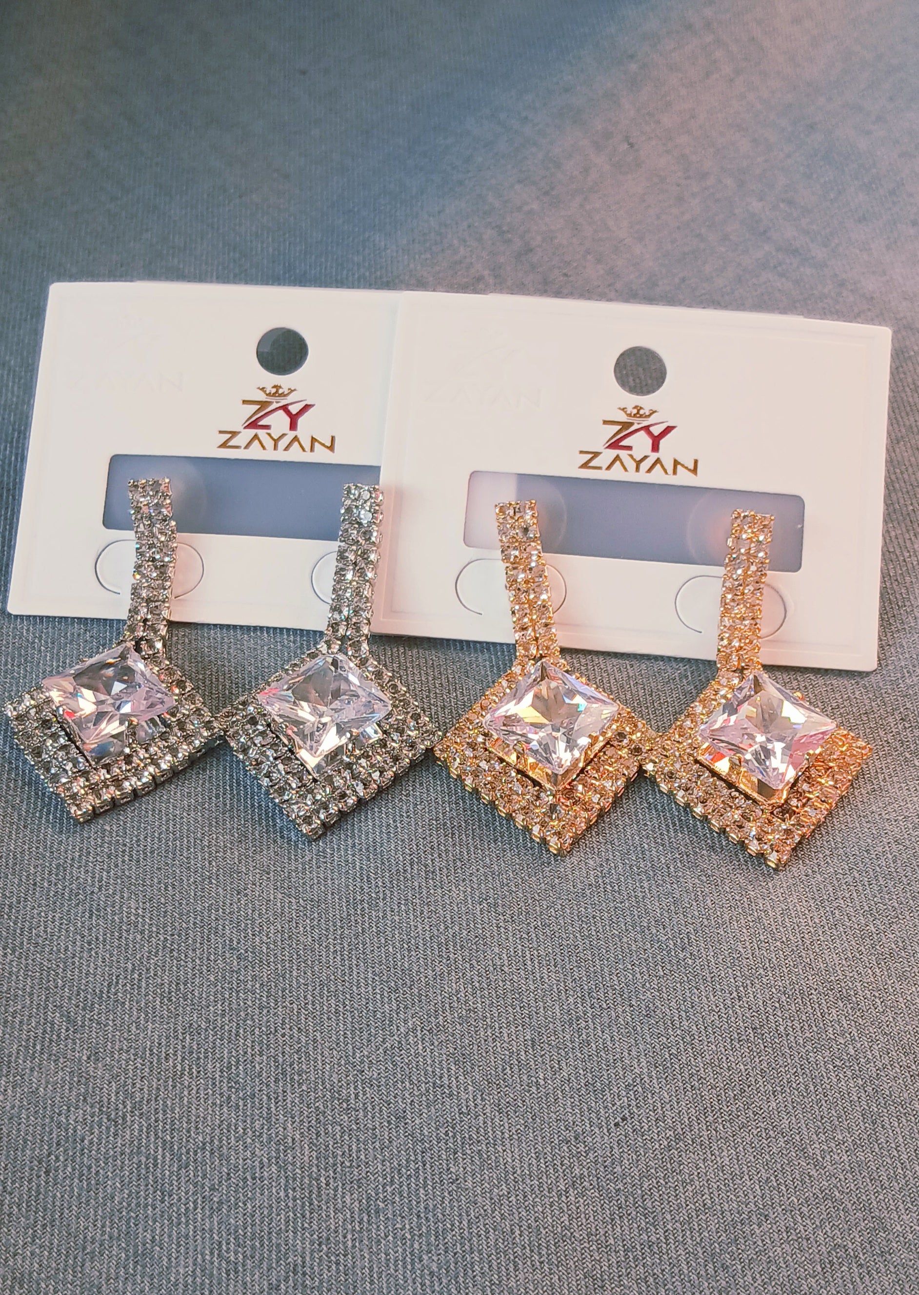 Zayan-Style Crystal Square Drop Earrings – Elegant Artificial Fashion Jewelry (Gold & Silver)