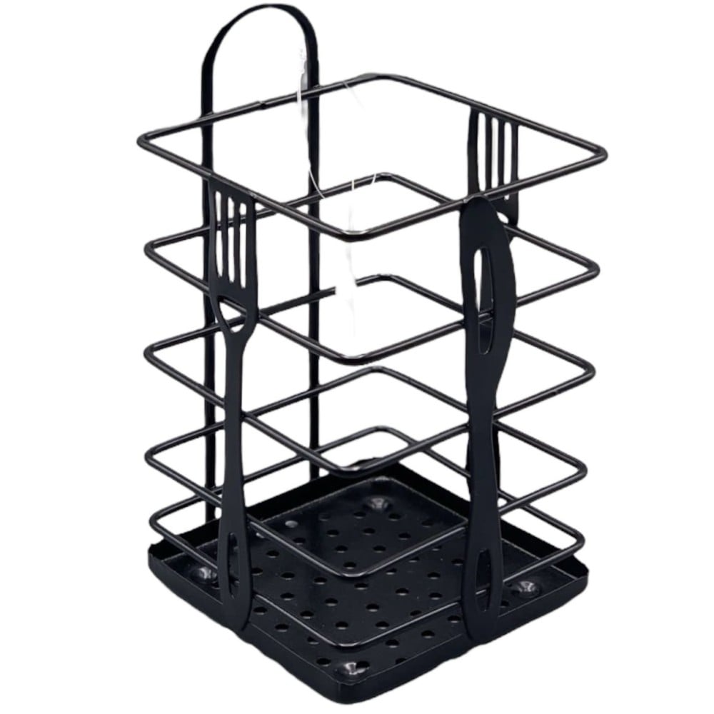 Black Metal Utensil Holder | Cutlery Drainer with Perforated Base & Handle