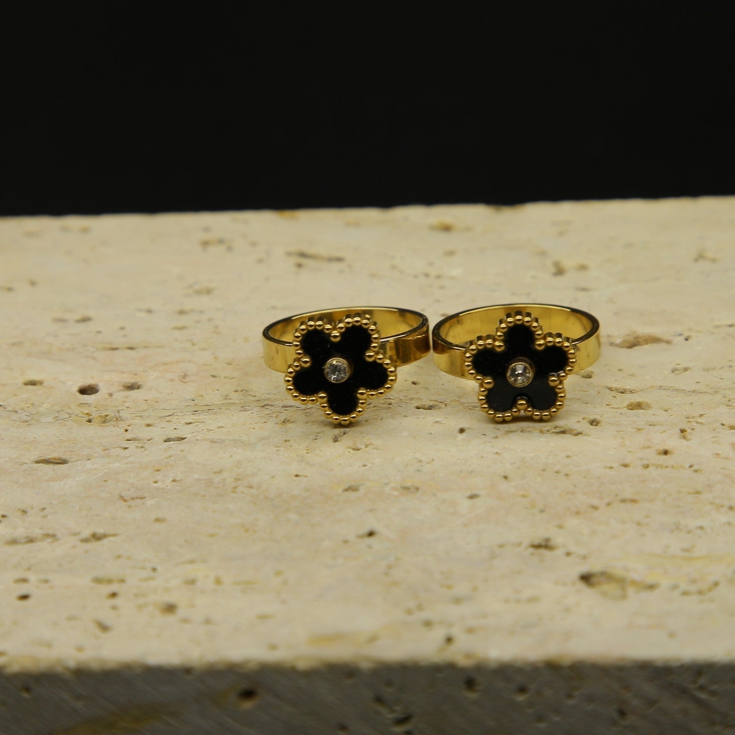 Elegant Clover Motif Ring with Onyx Center & Gold-Tone Beaded Design