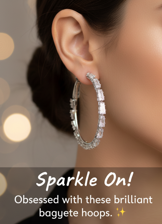 Crystal Baguette Pavé Hoop Earrings — Sparkling Silver Hoops