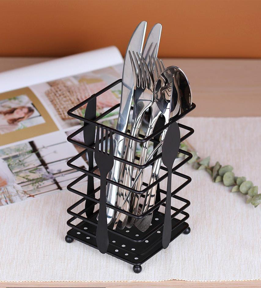 Black Metal Utensil Holder | Cutlery Drainer with Perforated Base & Handle
