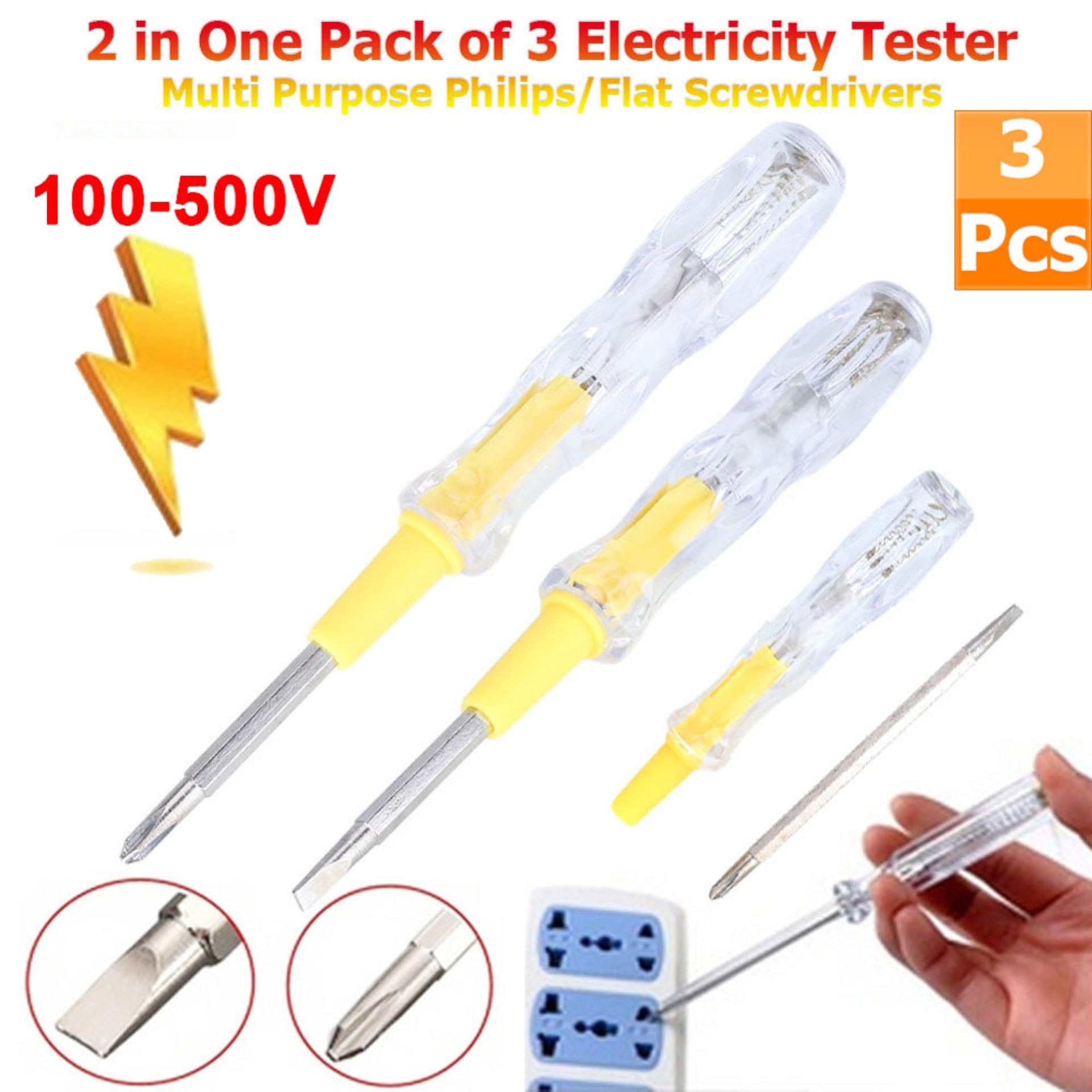 Set of 3 Electrical Test Pencils – AC Voltage Tester Screwdrivers (100V–500V) with Light Indicator