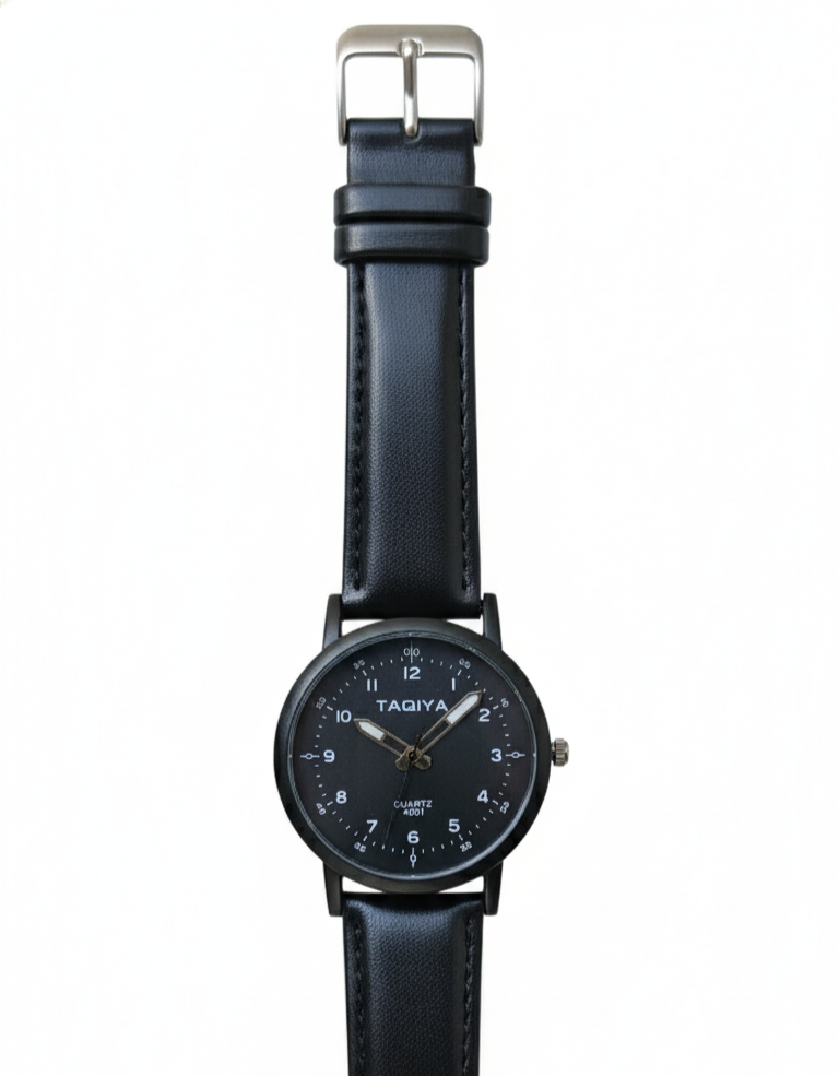 Taqiya Quartz Analog Watch – Minimalist Black Dial with Leather Strap
