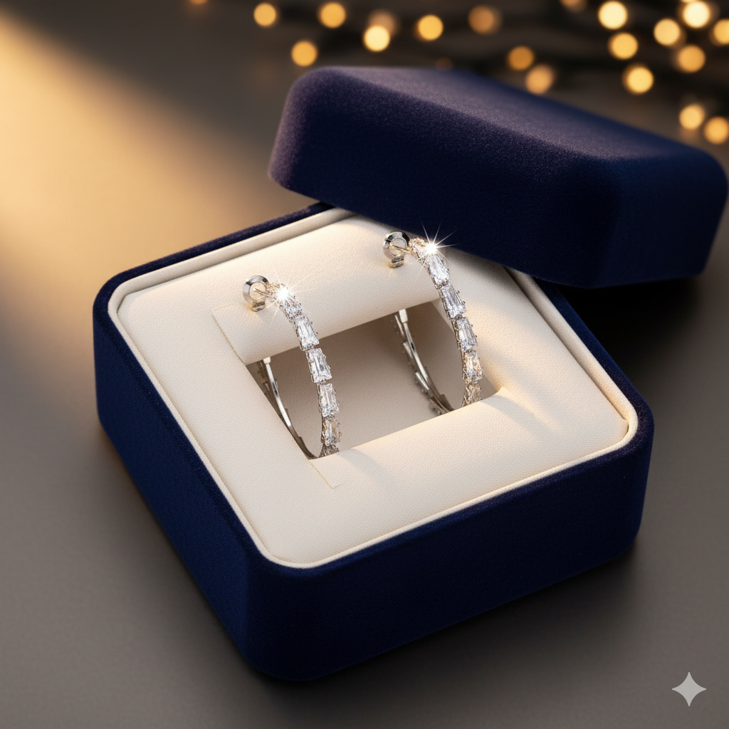 Crystal Baguette Pavé Hoop Earrings — Sparkling Silver Hoops