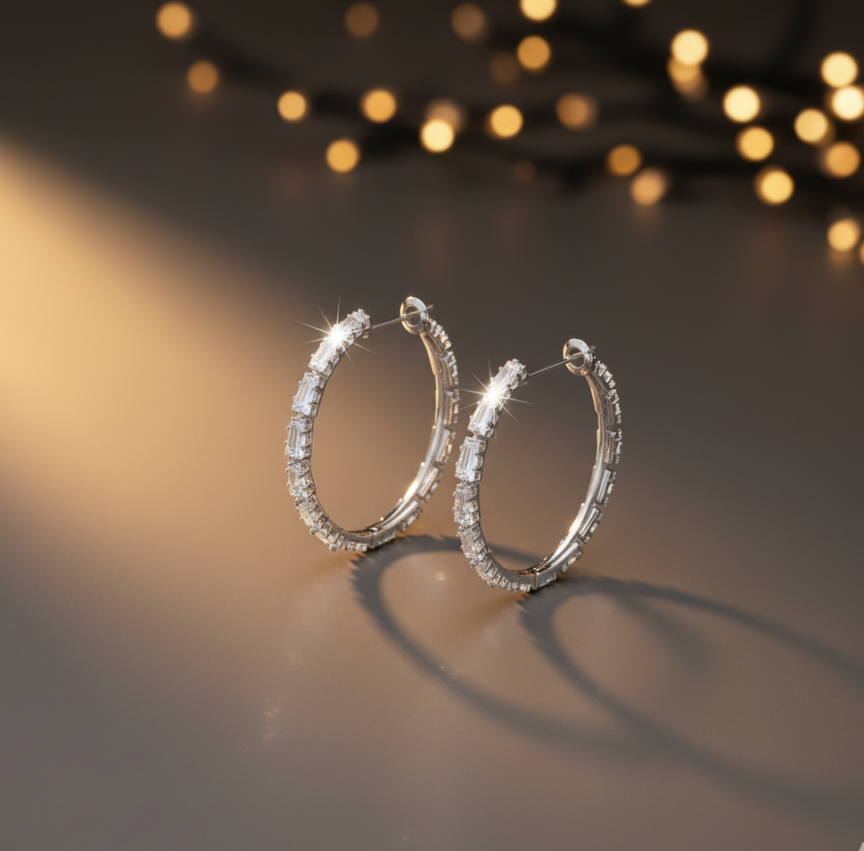 Crystal Baguette Pavé Hoop Earrings — Sparkling Silver Hoops